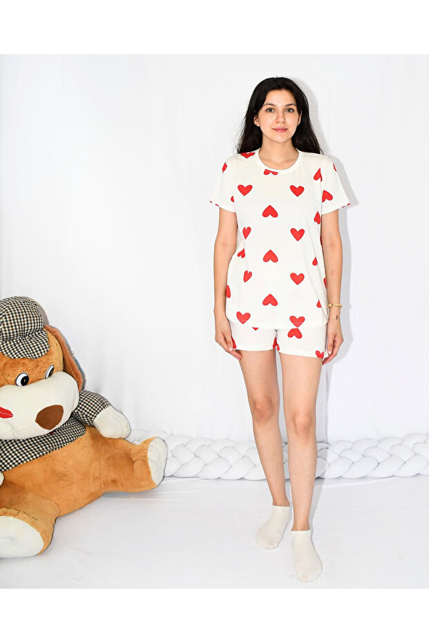 Anne Çocuk Kombin Pijama Takımı Kırmızı Kalp Desen Kısakol Şort (TEK TEK SATILMAKTADIR) - 7