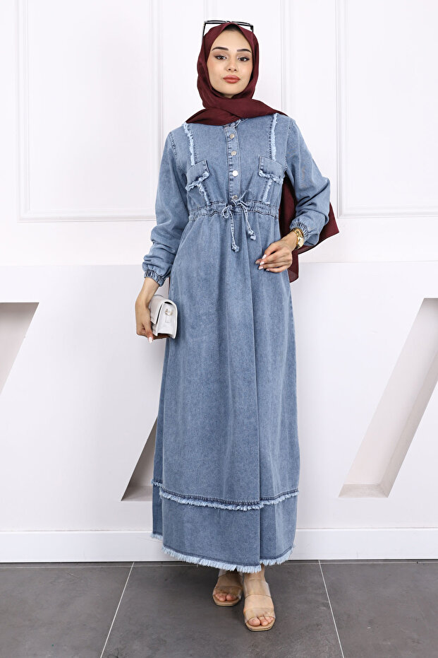 Blue Tasseled Waist Tie Denim Dress