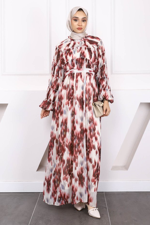 Burgundy Belted Patterned Shirred Chiffon Dress