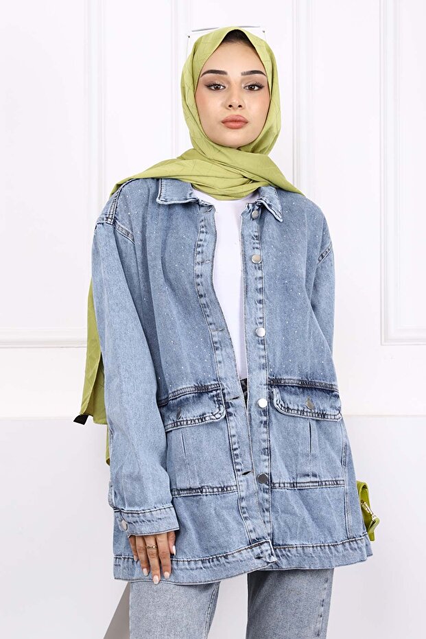 Mavi Taş İşlemeli Kot Ceket - 2