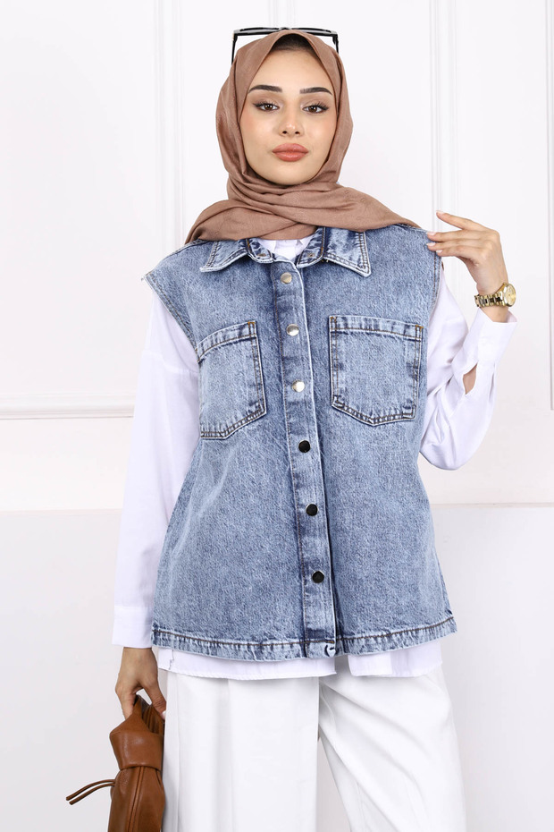 Mavi Cepli Önü Çıtlı Kot Yelek - 3