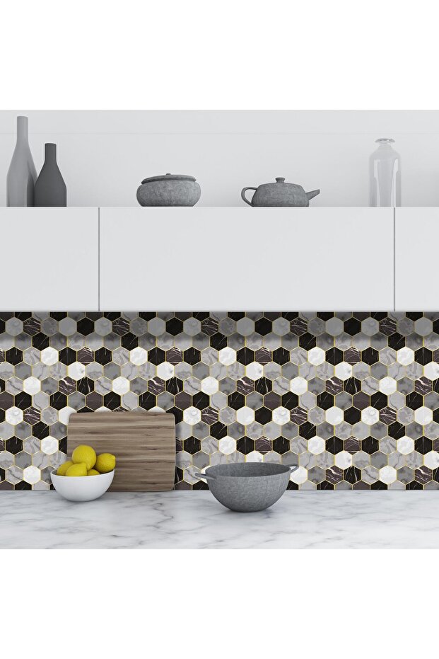 Yapışkanlı Banyo Mutfak Fayans Kaplama Altıgen Pvc Karo 30x30cm (0,36 m²) - 4