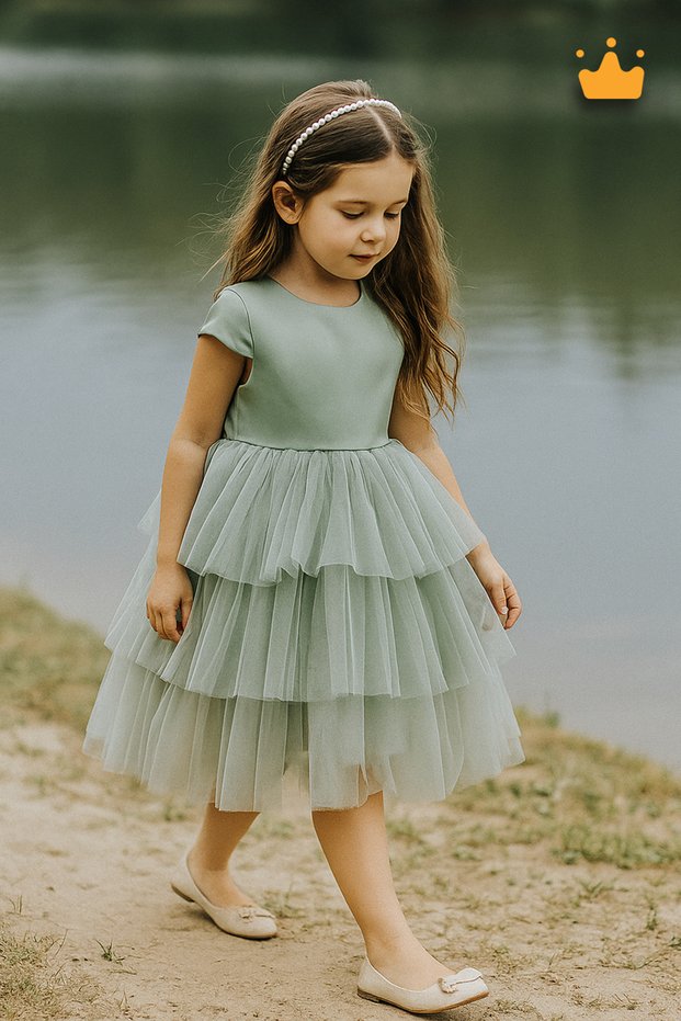 4-8 Years Old Girl's Evening Dress with Pearl Crown Layered Tulle Skirt Holiday Wedding Dress Green 6572