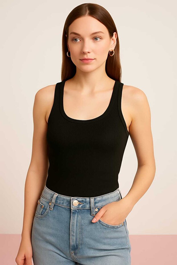 قميص داخلي نسائي أساسي ذو مظهر مضلع وأشرطة سميكة - 1