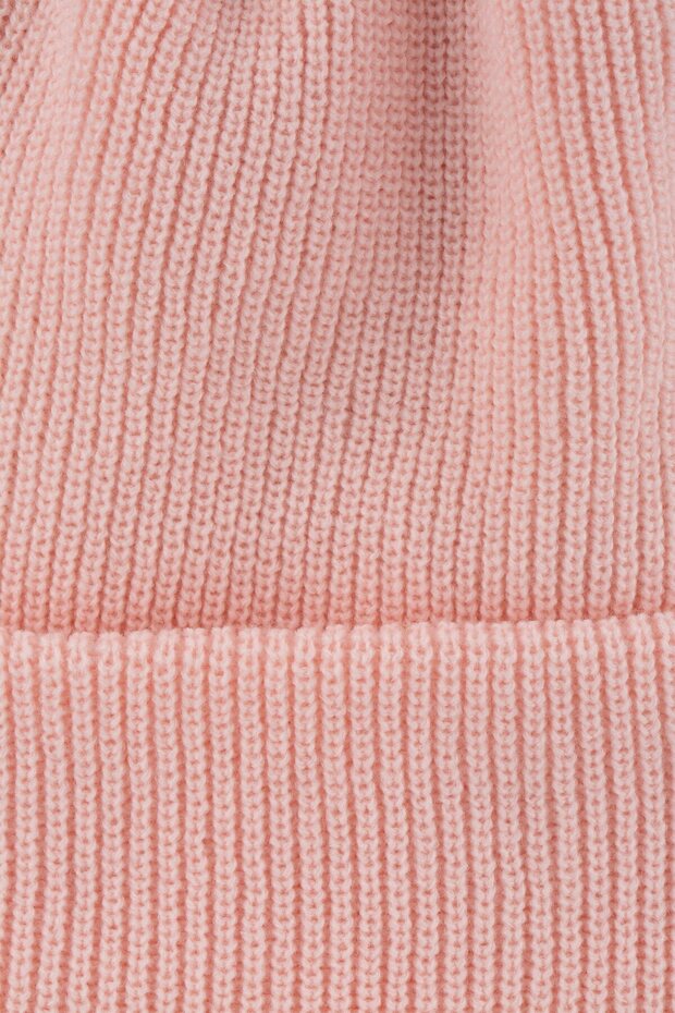 Unisex Açık Gül Triko Akrilik Düz Yumuşak Bere Logolu Esnek Kışlık Çift Katlamalı Basic Pumb - 3
