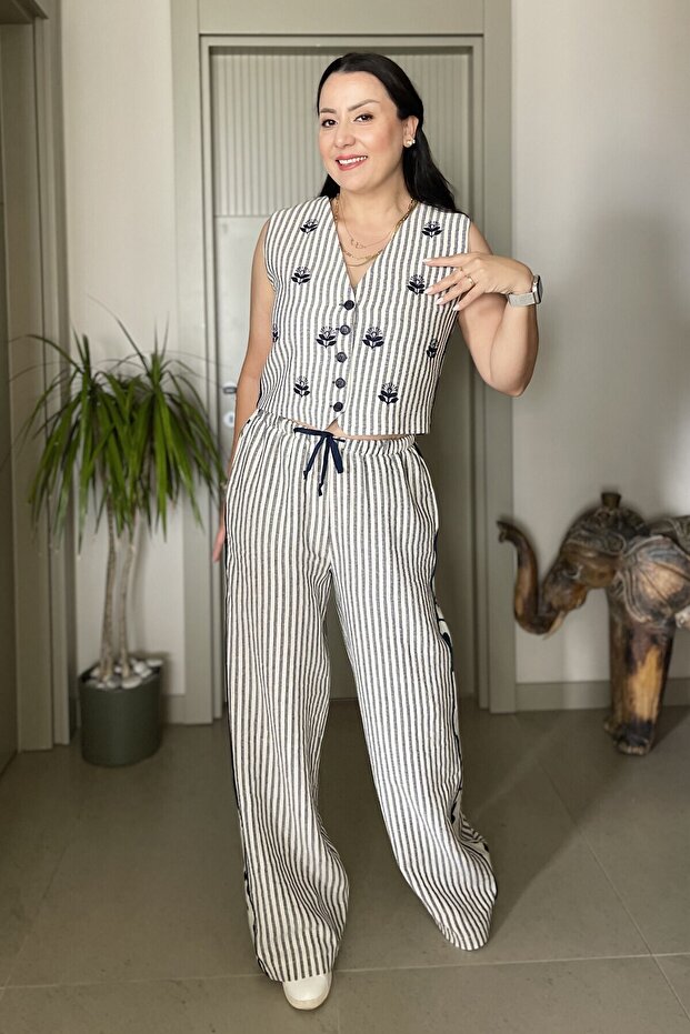 Cotton Linen Embroidery Embroidered Soft Texture Vest Pants Set