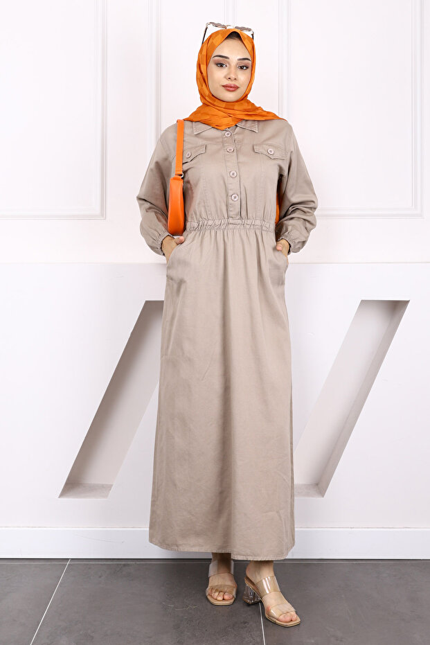 Mink Waist Elastic Pocket Gabardine Dress