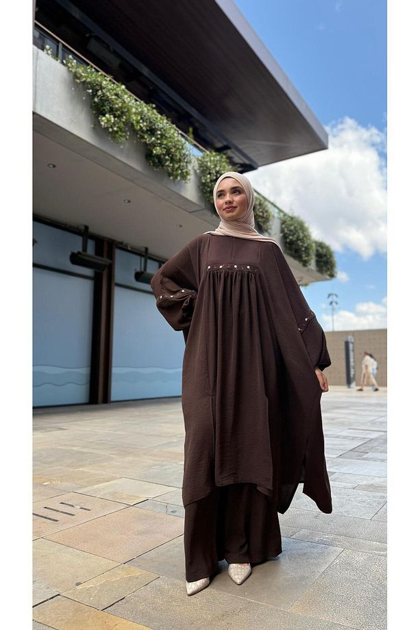 Papatya İşlemeli Oversize Rüya Takım - Acı Kahve - 5