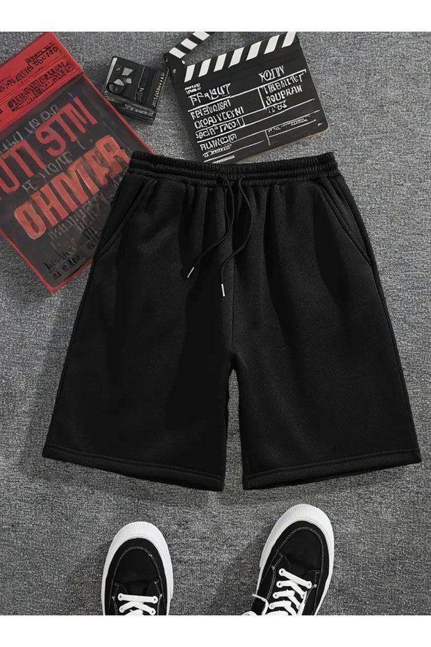 Black Color Comfortable Fit Soft Fabric Elastic Waist Summer Shorts with Pockets