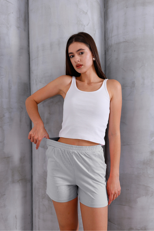 Shorty Lastikli Bel Kadın Şort, Pamuklu, Rahat Kalıp, Yazlık Ev ve Günlük Şort, Cepli Şort - 3