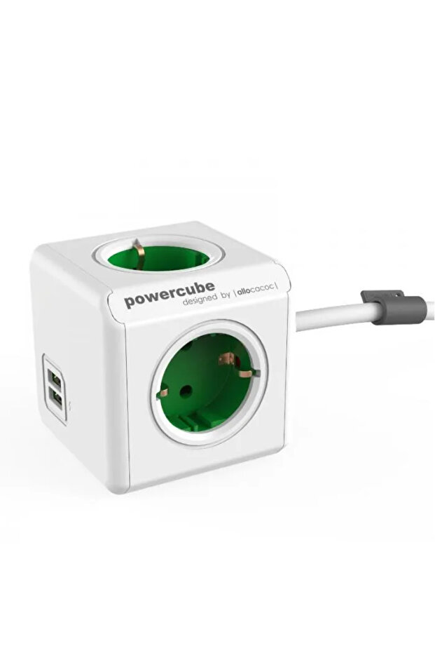 Prelungitor cubic, Powercube de la Allocacoc, 2xUSB, 4 prize, 1.5m, alb/verde - 1