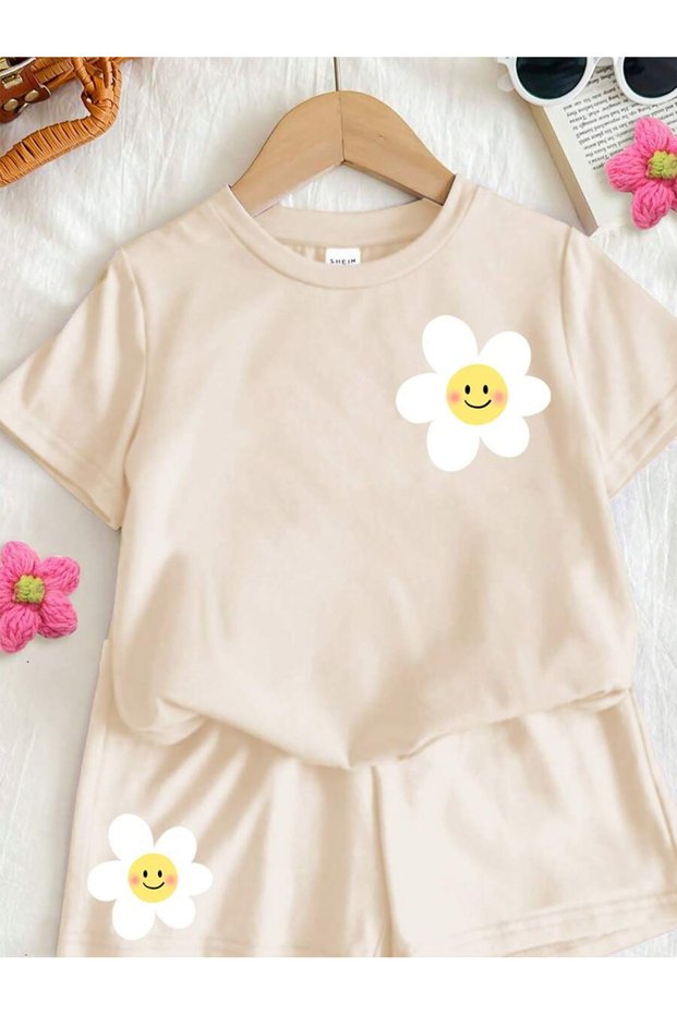Girl's Floral Printed T-Shirt Shorts Bottom Top Children's Set
