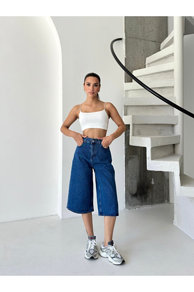 Kadın Açık Mavi Yüksek Bel Bol Paça Denim Bermuda Şort ZYN-58799 - 4
