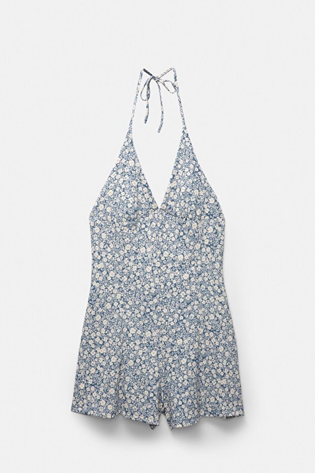 Çiçekli dokulu kısa tulum - 5