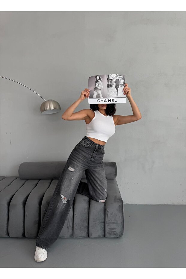 KADIN BAGGY FİT LAZERLİ YÜKSEK BEL GENİŞ PAÇA KOT PANTOLON FÜME - 3