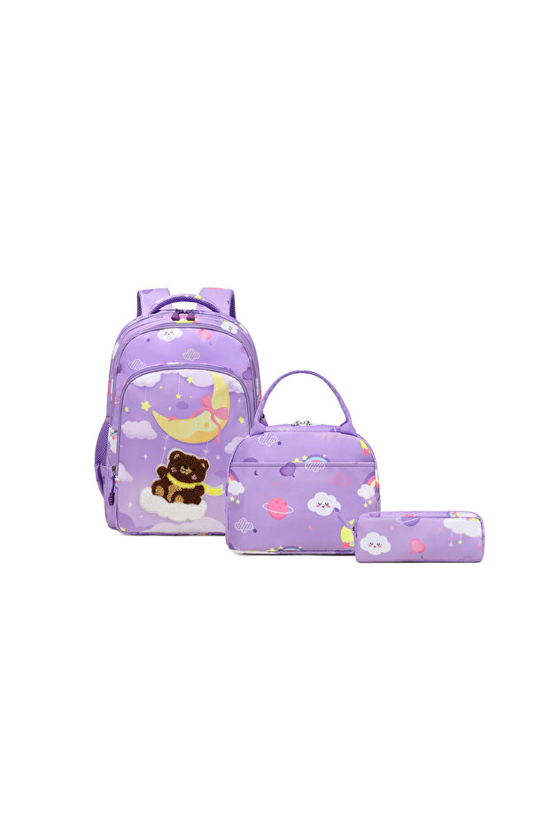 3-Piece Backpack Set for Kids, Light Weight Water-Proof School Bag, School Bag Purple Bear