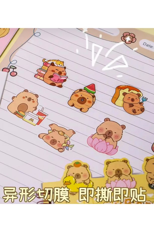 Capybara Kapibara Sticker Etiket Çıkartma 16 Sayfa (300 adet) Su Geçirmez+Opak 8 Sayfa Not Defter - 3