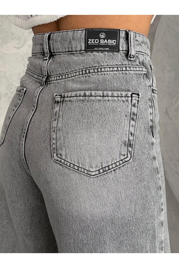 KADIN BAGGY FİT LAZERLİ YÜKSEK BEL GENİŞ PAÇA KOT PANTOLON GRİ - 8