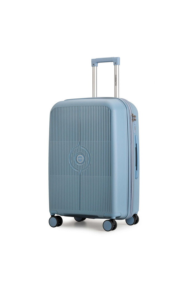 Medium Trolley Bag - Expandable PP Hard Shell Luggage - 360 Spinner Wheels - Grey Blue