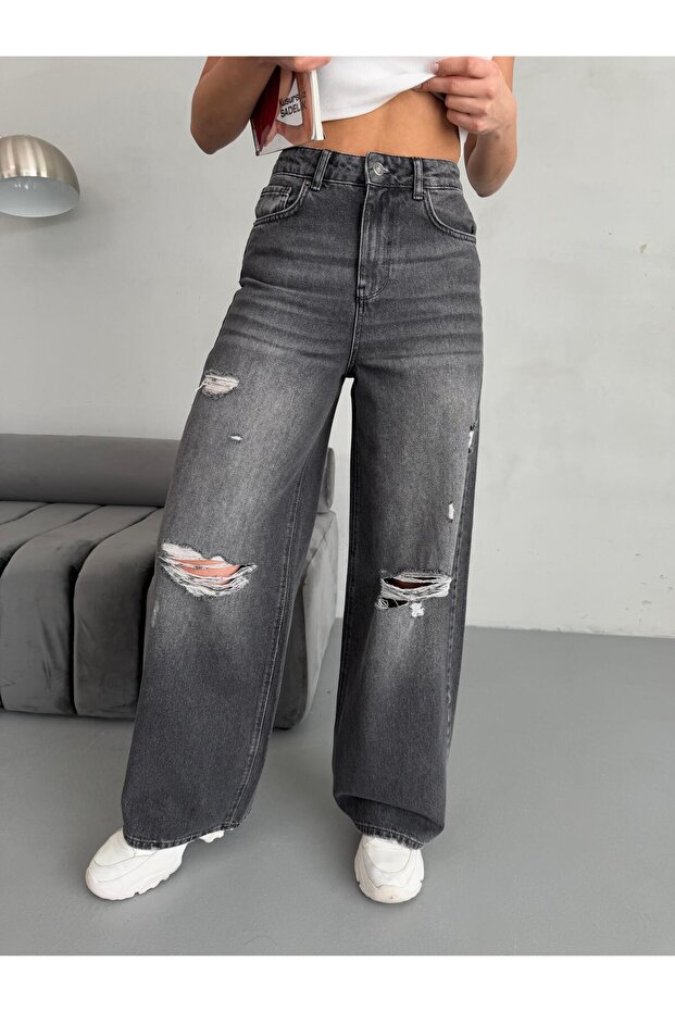 KADIN BAGGY FİT LAZERLİ YÜKSEK BEL GENİŞ PAÇA KOT PANTOLON FÜME - 7