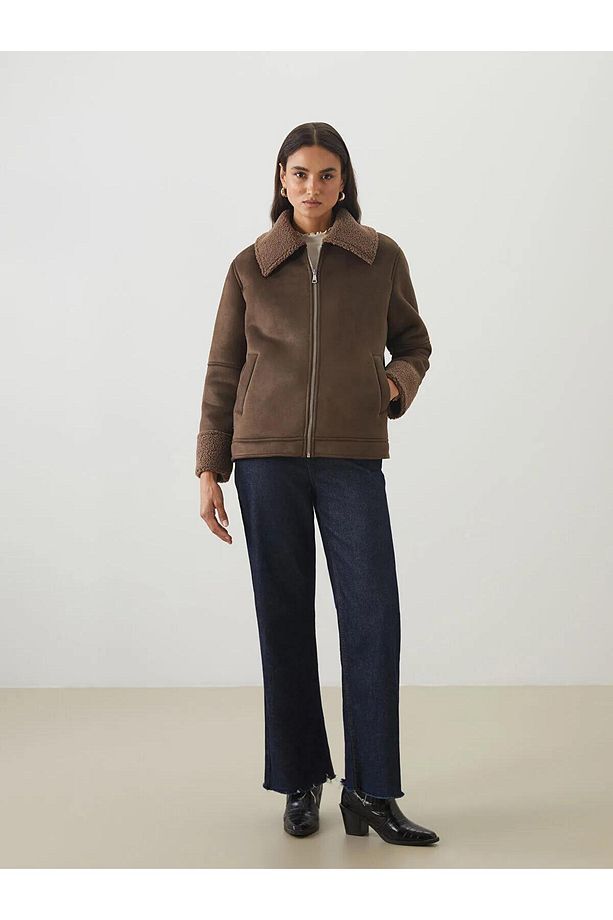 LCW Modest Gömlek Yaka Oversize Kadın Süet Görünümlü Mont (W5) - 2
