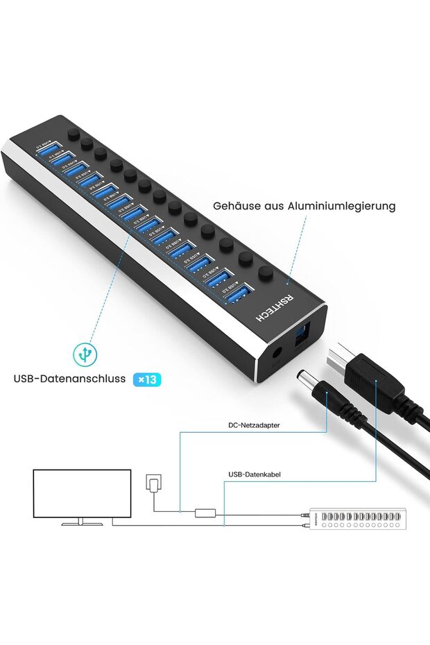Alüminyum 13 Port Usb 3.0 Data Aktarımı Hub Çoğaltıcı 12V 6A TR Adaptör 13 Girişli 72W Güç - 6