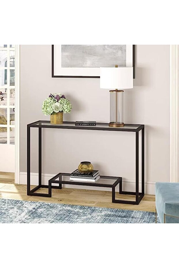 FFD Console Table Metal and Mirror Console Table with Clear Glass Shelves Metal Frame Console Table - 5
