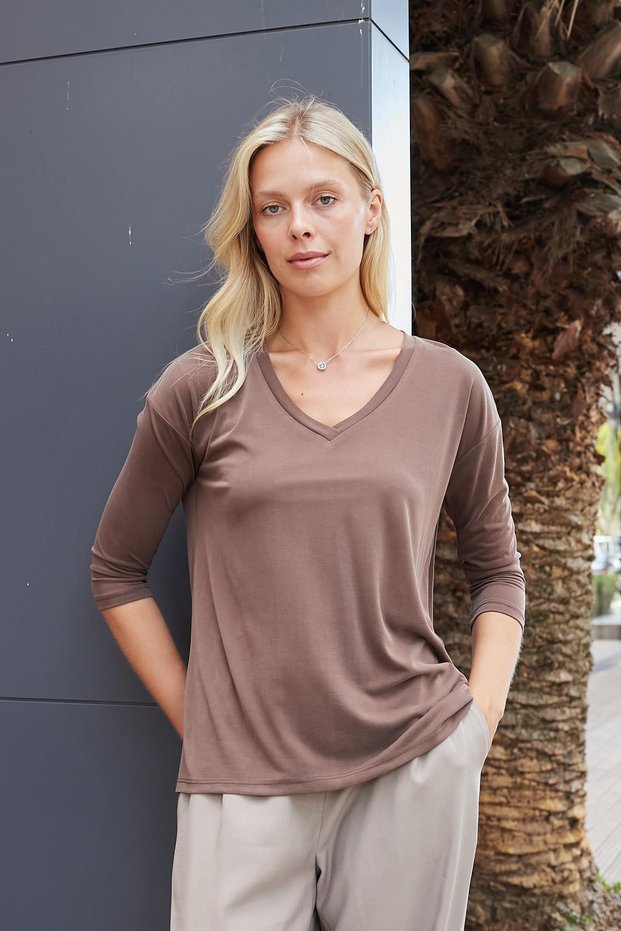 Women's Quality Modal Stretchy Fabric V-Neck Off-Shoulder Capri Three-Quarter Sleeve Lightweight Loose Blouse-Coffee