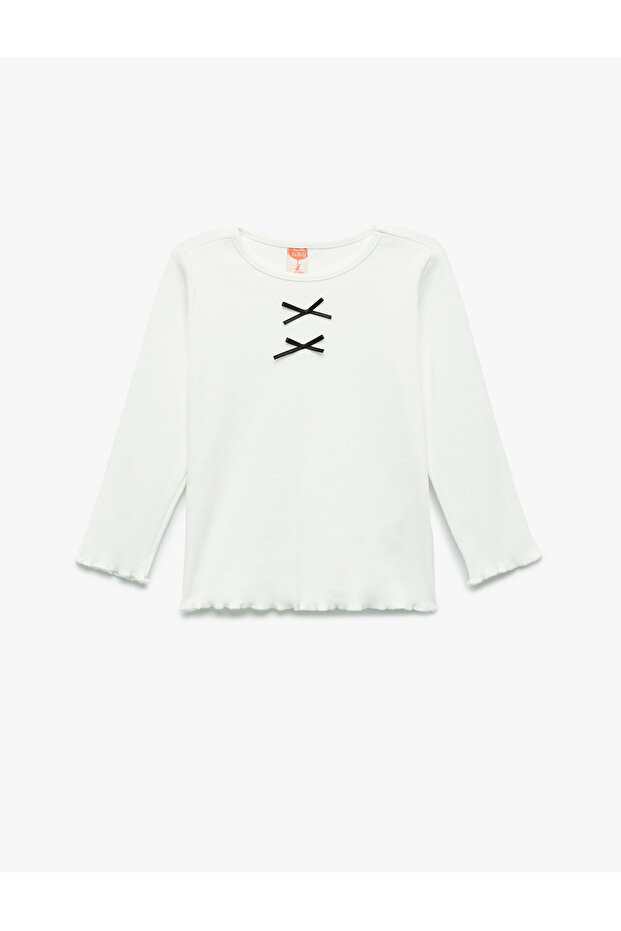 Long Sleeve Crew Neck Ribbon Detailed Cotton T-Shirt