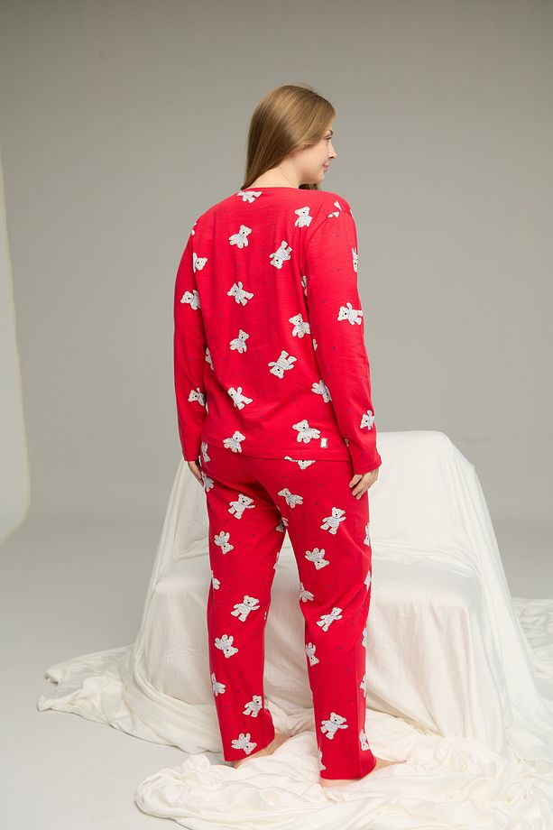 kırmızı desenli Curve Büyük Beden Battal Boy Pamuklu Pijama Takım25240765 - 3