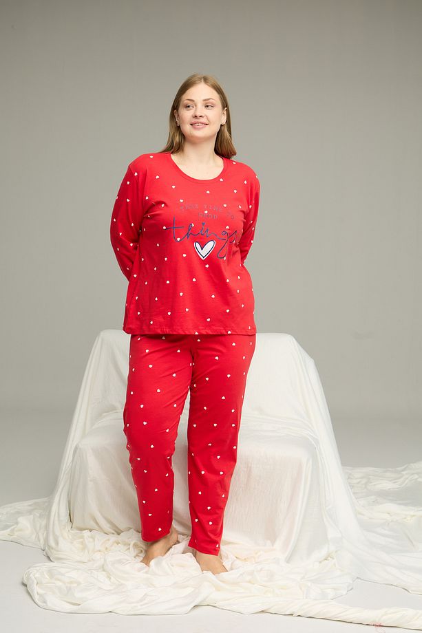 kırmızı desenli Curve Büyük Beden Battal Boy Pamuklu Pijama Takım25240779 - 2