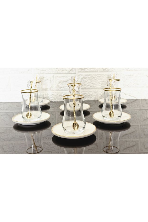 18 Pieces Porcelain Plate Tea Set - 6 Cup - 6 Plate - 6 White Butterfly Spoon - Eva Cup with Gold Details