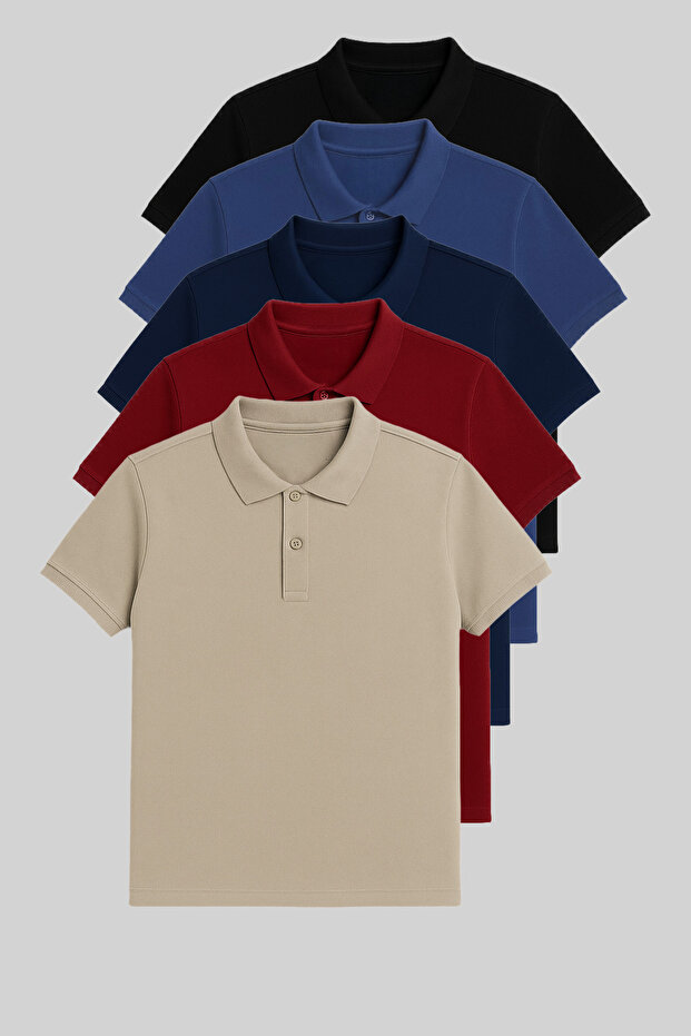 Men's Slim Fit Polo Neck T-Shirt 5 Pack Black-Indigo-Navy Blue-Claret Red-Grey