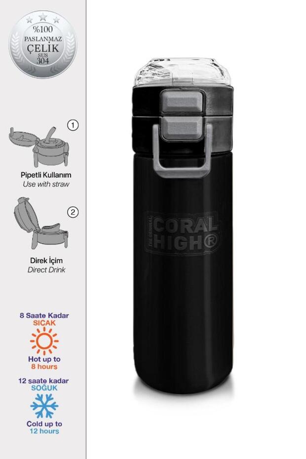 Kids Black Straw and Direct Drinking Steel Thermos 500 ml 31827