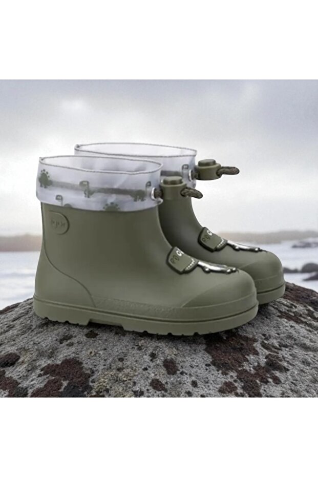 W10323 Mendi Khaki Dino, Unisex Children's Rain Boots, Non-Slip Sole, Waterproof