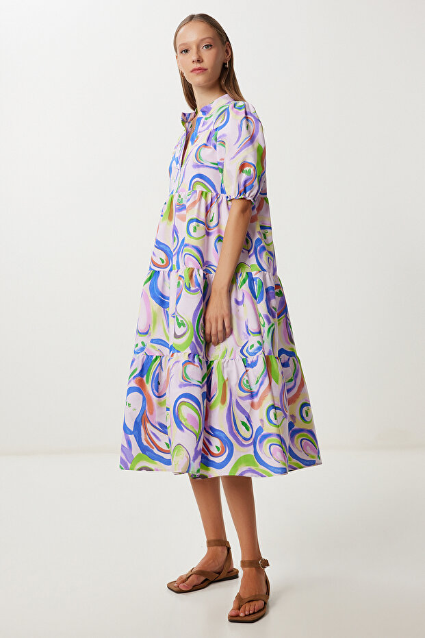 Patterned Flounced Summer Woven Dress Lfg0047 Lila Blue