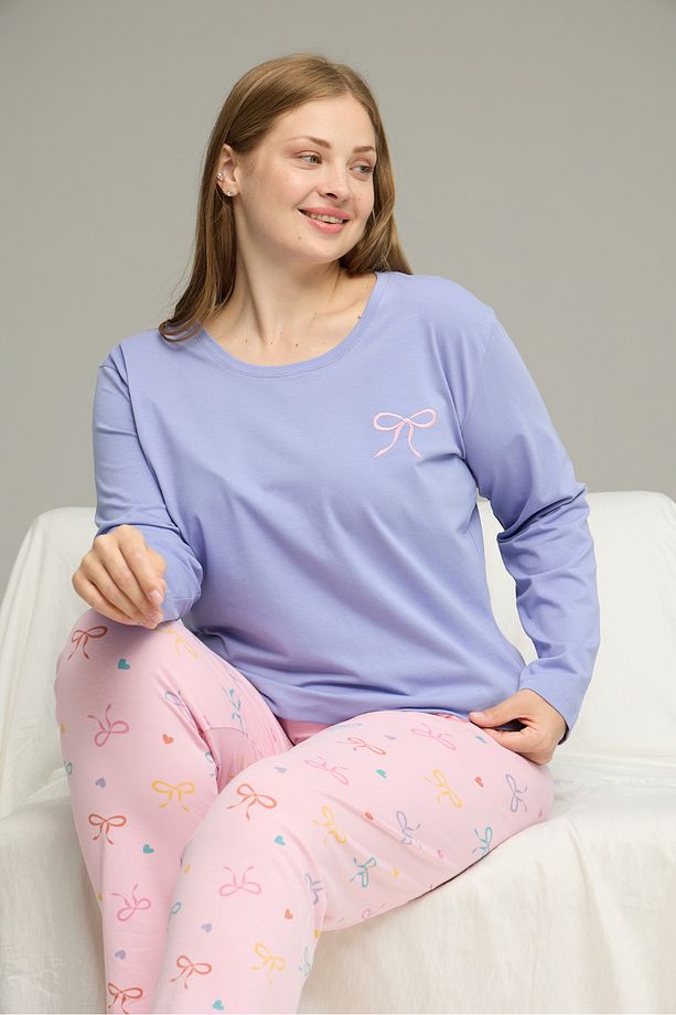 lila desenli Curve Büyük Beden Battal Boy Pamuklu Pijama Takım25240851 - 1