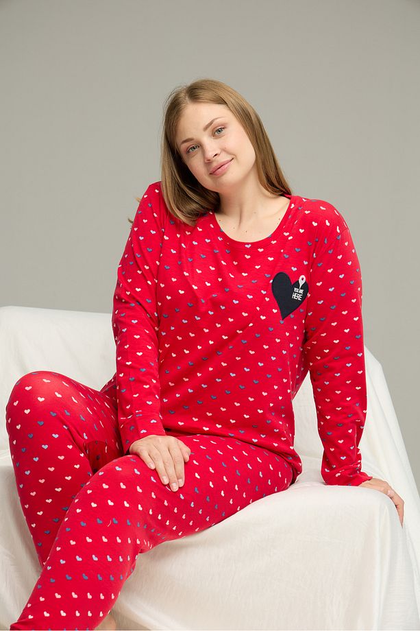 kırmızı desenli Curve Büyük Beden Battal Boy Pamuklu Pijama Takım25240805 - 1
