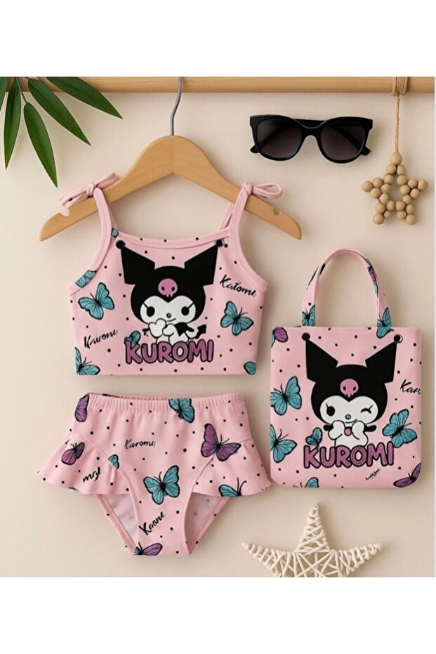 Girl's Kuromi Three-Piece Swimsuit Bikini Suit with Bag