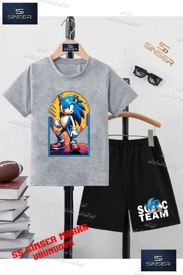 Children's Unisex “Sonic Sunny Blue Square“ Special Printed Crew Neck T-Shirt - Shorts Set