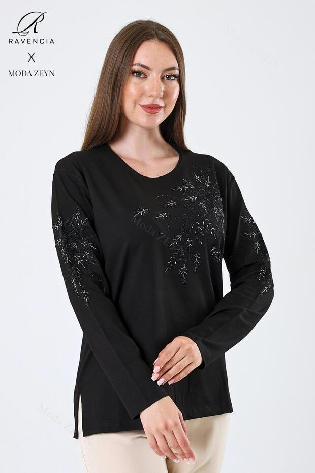 Women's Black Floral Patterned Stone Embroidered Slit Lycra Viscose Mother Combed Cotton Blouse