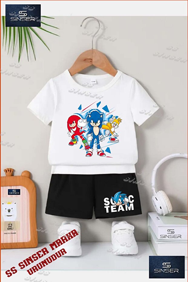 Children's Unisex “Sonic 3-Piece Cut Painted“ Custom Printed Crew Neck T-Shirt - Shorts Set