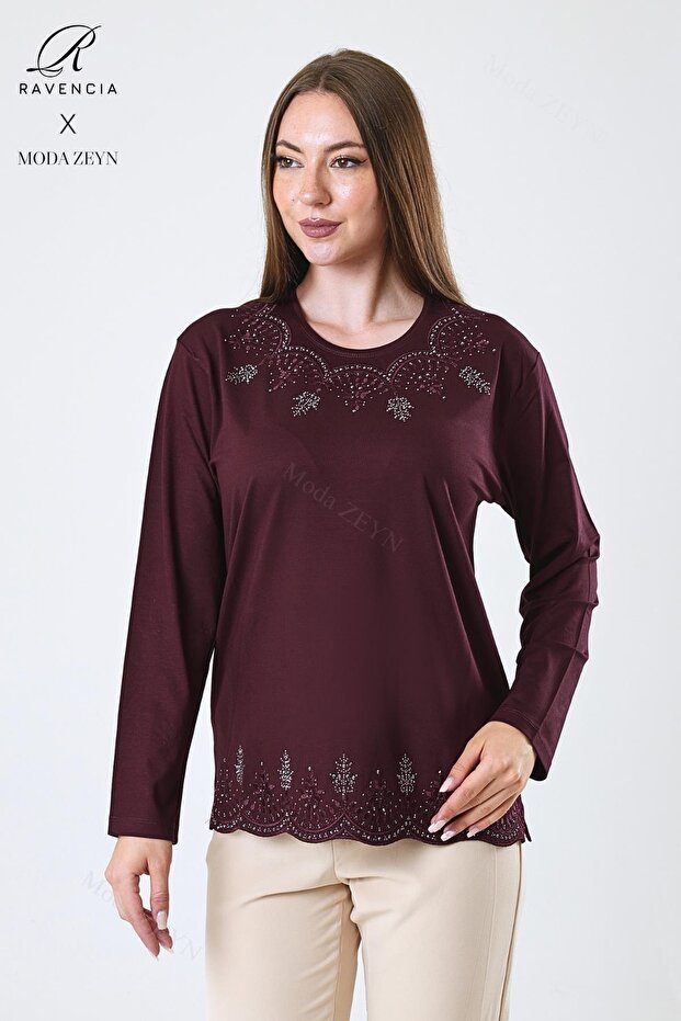 Women's Burgundy Leaf Patterned Skirt and Stone Embroidered Collar Lycra Viscose Mother Combed Cotton Blouse