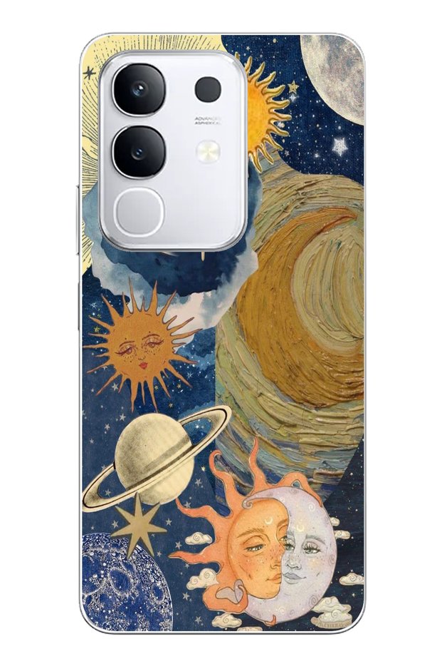 حافظة سيليكون شفافة متوافقة مع تصميم Vivo Y29 Sun and Moon Universe