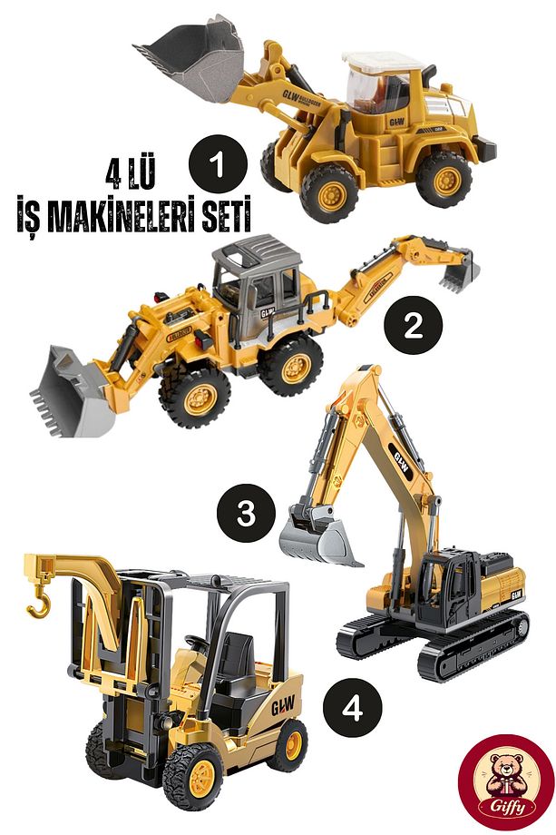 Oyuncak Kutulu Metal Başlıklı İş Makinaları Seti Kepçe Bulldozer Forklift 4 Ü 1 Arada Set Sürtmeli - 1