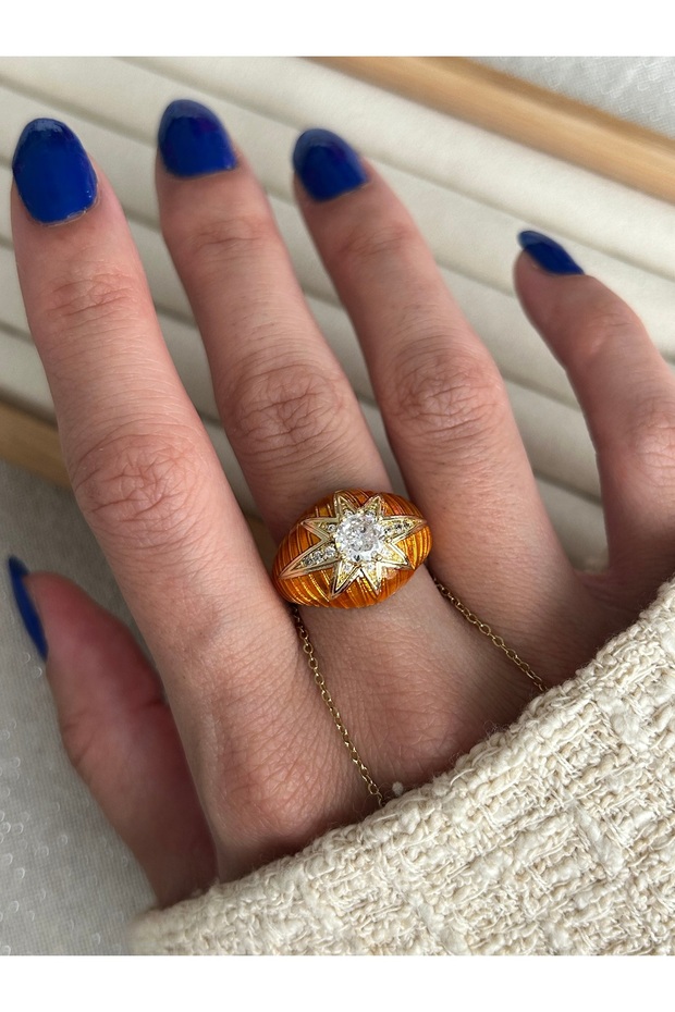 Orange Enamel Round Stone Ring - 4