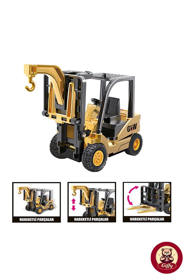 Oyuncak Kutulu Metal Başlıklı İş Makinaları Seti Kepçe Bulldozer Forklift 4 Ü 1 Arada Set Sürtmeli - 7