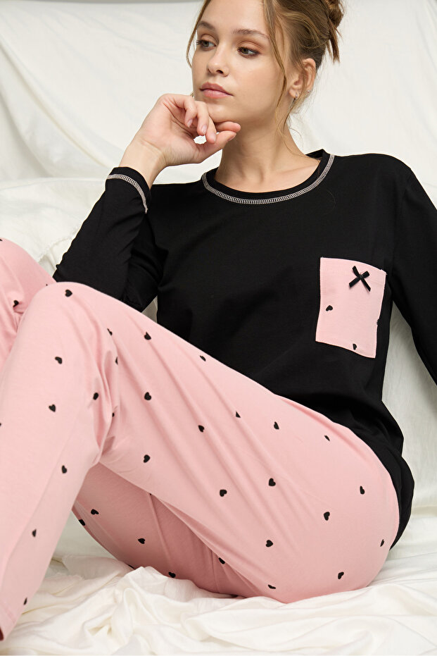 siyah kalp desenli Örme Pamuklu Pijama Takım25240195 - 1