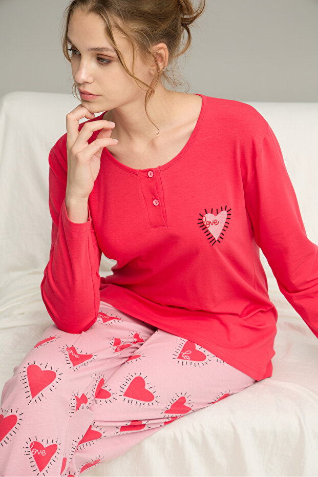 narçiçeği desenli Düğmeli Örme Pamuklu Pijama Takım25240218 - 1
