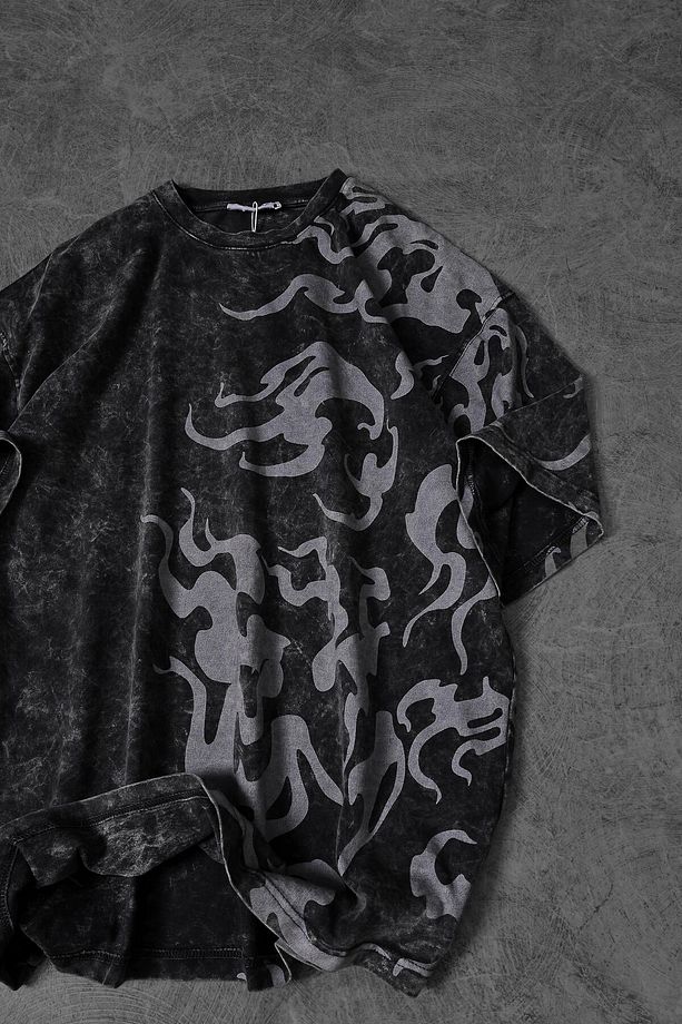 Erkek Antrasit Yazılı Yan Baskı Özel Yıkamalı Kumaş Oversize Tshirt - 4